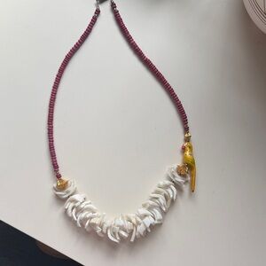 Handcrafted White Shell & Pink Bead Necklace with Yellow Parrot Accent